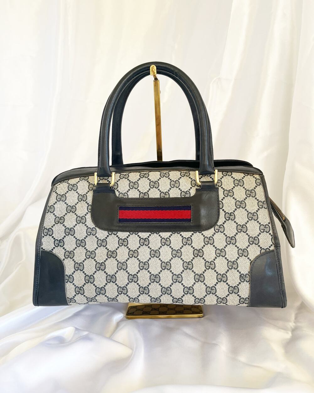 GUCCI Duffle Mini Boston Bag GG Supreme Web Stripe Canvas Leather Beige Black